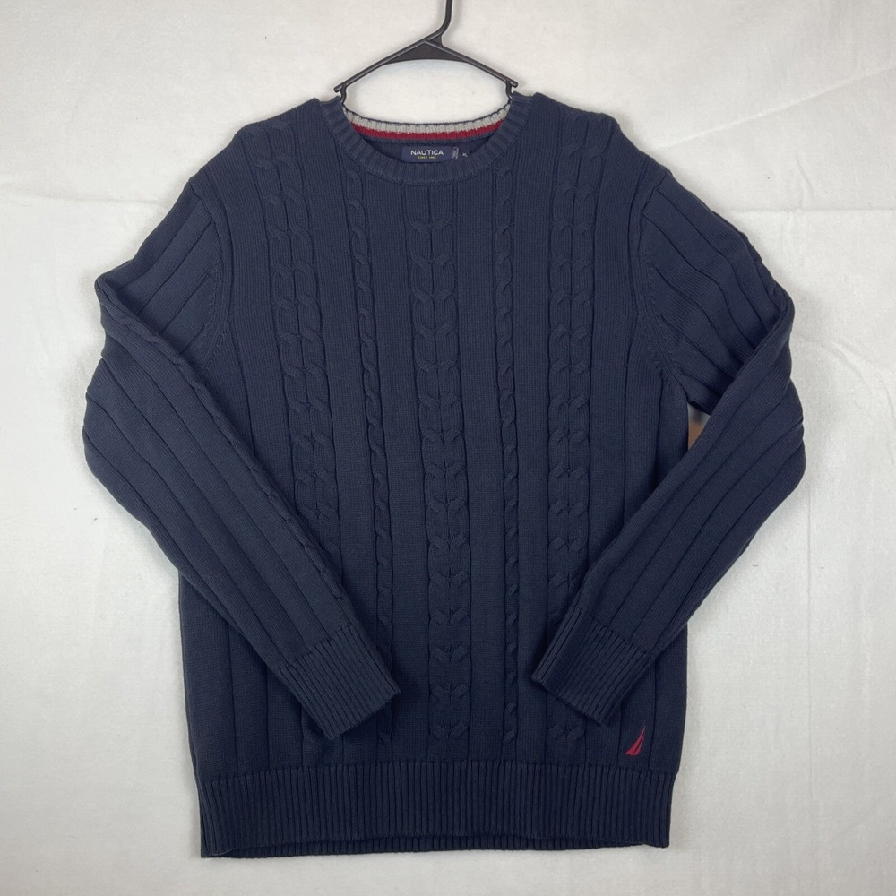 Nautica Sweater Mens XL Navy Blue Cable Knit Embroidered Logo Pullover